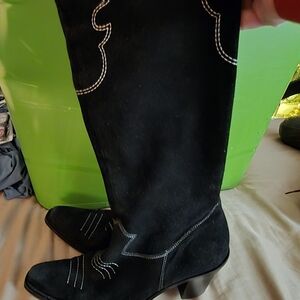 Via Spiga Black Heeled Boots with White Stitching